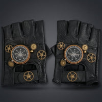 Gold-Tone Gear Details Steampunk Fingerless Gloves Compass Dial Black Leather Fingerless Gloves Textured Finish
