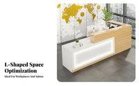 L-Shaped Reception Desk with LED Easy to Clean Glossy Finish Reception Counter Comprehensive Storage Area Front Desk for Retailers, Hotel Lobby