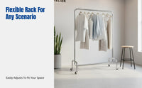 Portable Folding Clothes Rack with Wheels, Metal Single Bar Display Stand, Adjustable Height for Showroom, Retail, Home
