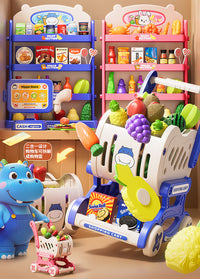 Hippo Supermarket Pretend Play Set with Shopping Cart, Fruits, Vegetables, BBQ, Snacks, and Cutting Toys