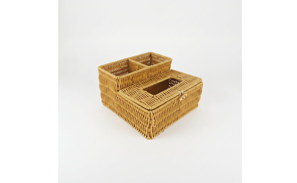 Rattan Tissue Box Cover with Side Organizer Divided Tissue Box Cover with Storage Compartment Rustic for Countertop