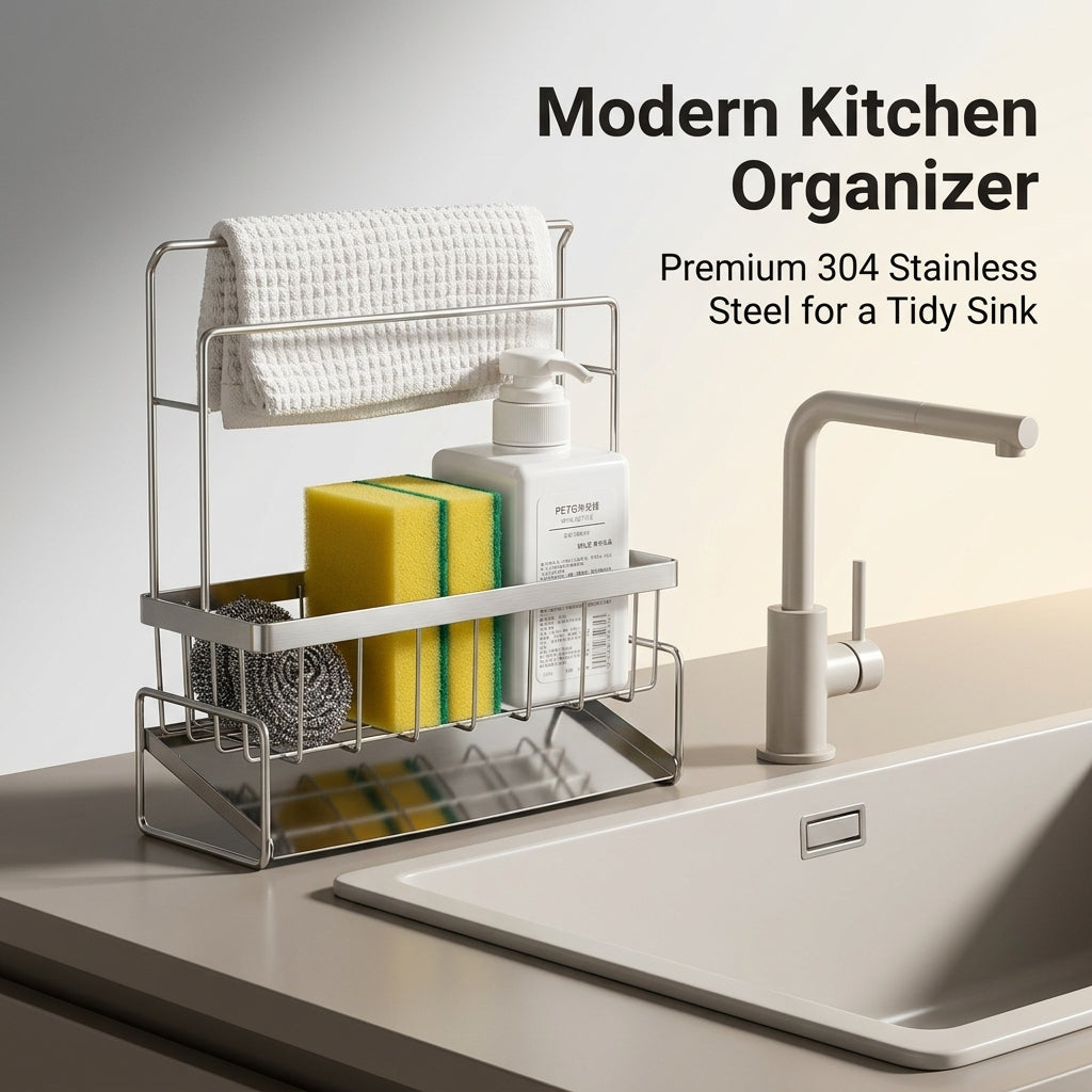Sink Organizer and 304 Stainless Steel Dishcloth Holder for Kitchen Organization, Rectangular Dish Towel Rack with Narrow Design for Small Areas