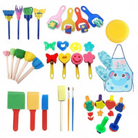 33 Pieces Variety of Shapes Sponge Stamp and Brush Set Sparks Creativity Kids' Sponge Painting Set Easy to Use Children's Art and Craft Kit Reusable for Preschoolers, Toddlers, Classroom, Home, Daycare