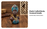 Blue Patterned African Woman Bust Sculpture Dark Brown Resin Decorative Bust Textured African Female Sculpture Gold-Tone