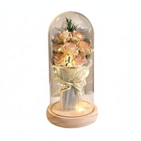 Romantic Gift Blossom Arrangement Glass Dome Long-Lasting Blossom Glass Dome Lamp Hand-Assembled Lighted Flower Cloche Dustproof Cover for Mom