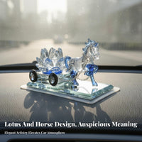 Good Luck Charm Horse and Lotus Car Perfume Dispenser Elegant Design Crystal Horse Pulling Lotus Cart Refillable for Home Decor, Office Desk