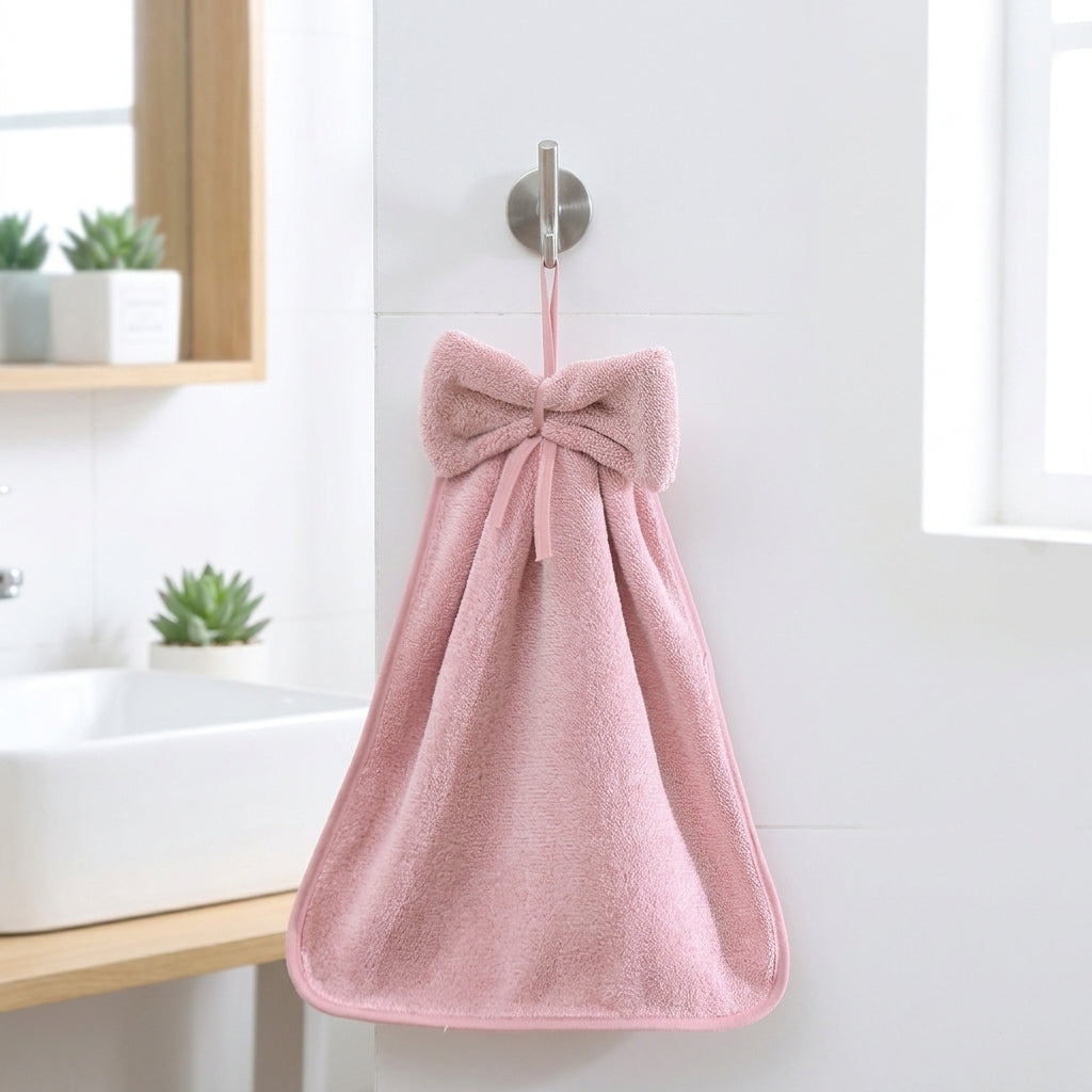 Soft Coral Fleece Hanging Hand Towel with Ribbon, 32-Ply Absorbent Hand Towels for Kitchen and Bathroom, 20cm x 10cm Small Cloth with Loop