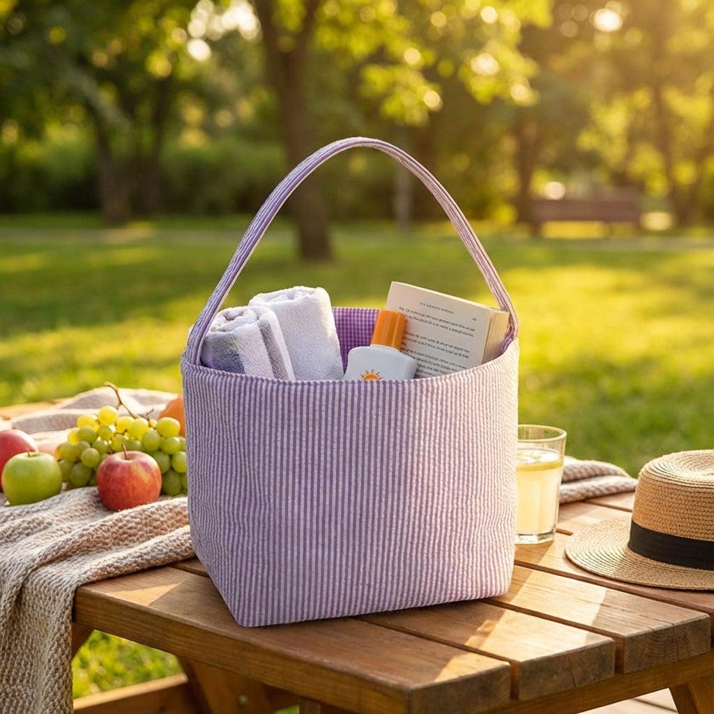 Purple Seersucker Easter Basket Lightweight Egg Hunt Bag with Handle and Gingham Lining Portable Gift Hamper Tote for Kids Holiday Celebrations