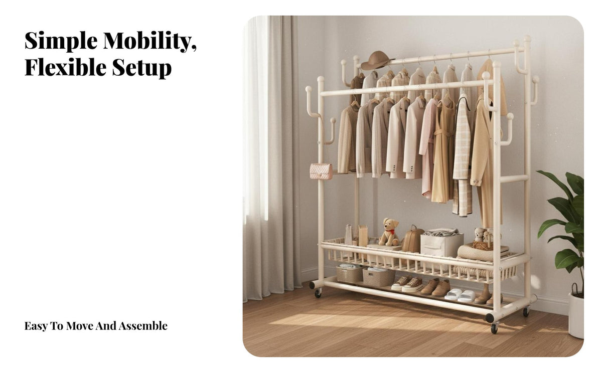 Rolling Clothes Rack with Shelves Multi-Functional Wheeled Clothing Rail with Shelves sturdyDuty Coat for Students, Bedroom, Dorm Room, Entryway
