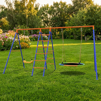 Multi-functional Swing Set for Kids Outdoor, Balancoire Exterieur en Fer, Iron Frame Playground Swing Set with Climbing Feature, 2-User Child Swing