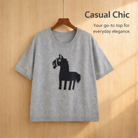 Women's Short Sleeve Jumpers with Jacquard Horse Pattern for Spring, Plus Size Knit Sweater in 45-Count Wool Blend Textile, Casual Ladies Tops UK