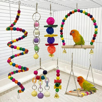 Parrot Toys 7 Piece Set, Parrot Cage Additions, Wood Parrot Climbing Toys and Parrot Gnaw Toys for Parakeets Cockatiels Enrichment