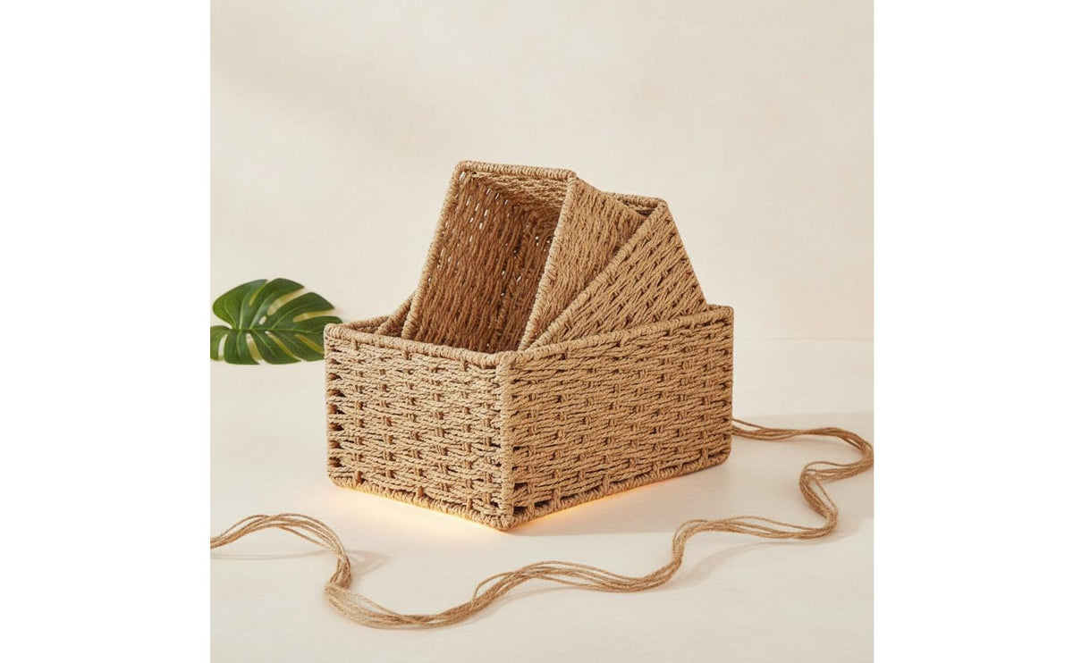 Braided Container Basket Multi-Functional Desktop Organizer Basket Metal Frame Rattan Style Storage Box for Living Room, Coffee Table, Entryway