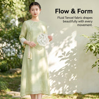 Meditation Vintage Dress for Women with Chinese Style Round Neck and Embroidery, Ethnic Oriental Midi in Premium Lyocell Material