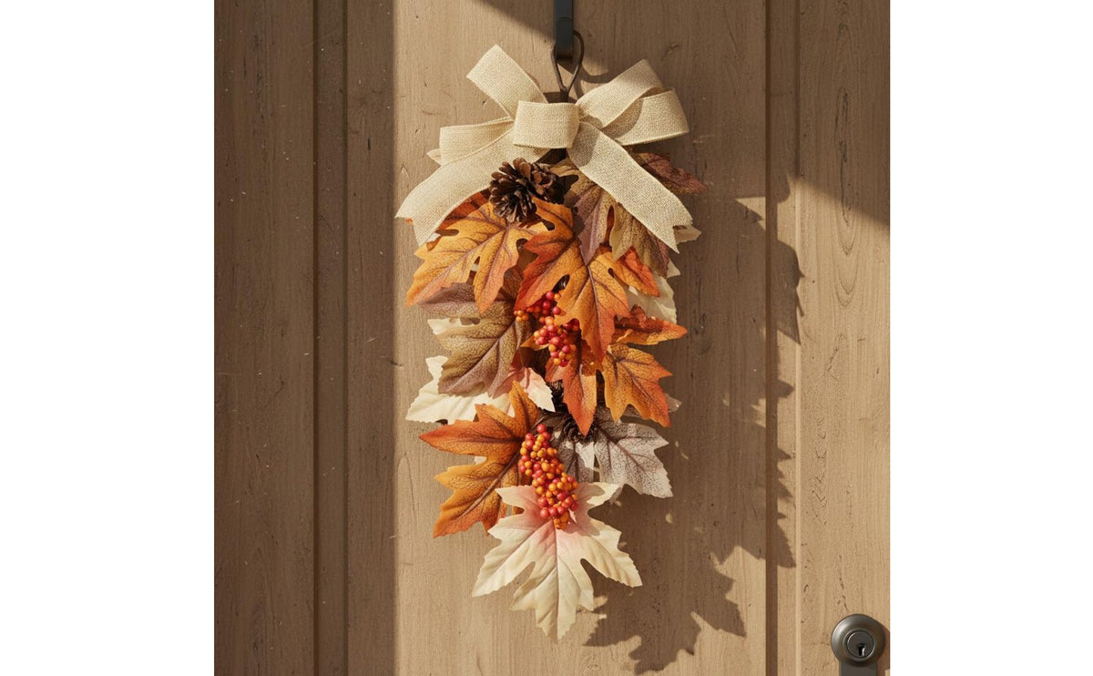 Fall Foliage Leaf Hanger Pinecone Detail Thanksgiving Door Decoration Rustic Style Burlap Leaf Hanging Sign for Home Entryway, Wall Display