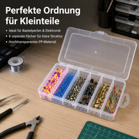Transparent storage box with lid, PP sorting box for small parts, 6 compartments, 200x102x30mm, perfect for electronics & screws