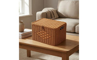 Natural Brown Imitation-Rattan Storage Box Rounded Edges Handmade Lidded Box Handle Openings Rectangular Storage Basket Handwoven
