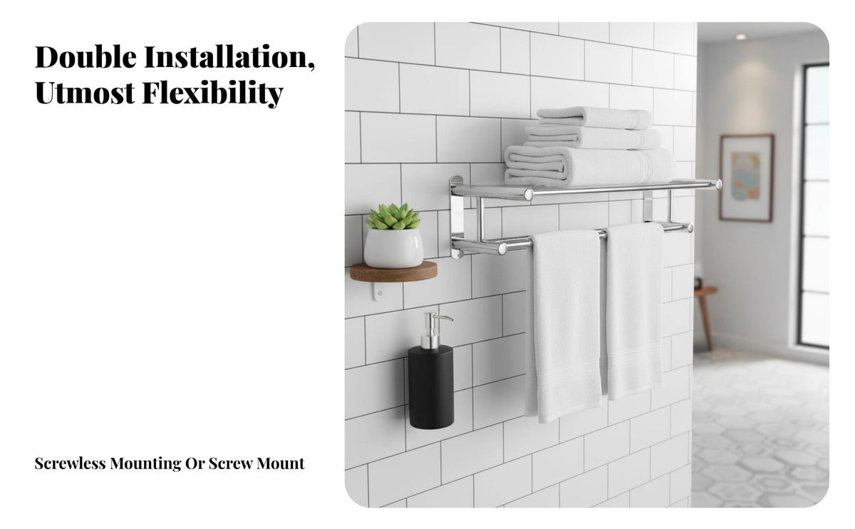 No-Drill Installation Towel Holder with Shelf Rust-Proof Bathroom Accessory Easy to Install Wall Organizer Space-Saving Design for Hotel Managers, Apartment Dwellers, Restroom, Small Areas, Laundry Room, Kitchen