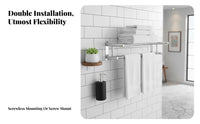No-Drill Installation Towel Holder with Shelf Rust-Proof Bathroom Accessory Easy to Install Wall Organizer Space-Saving Design for Hotel Managers, Apartment Dwellers, Restroom, Small Areas, Laundry Room, Kitchen