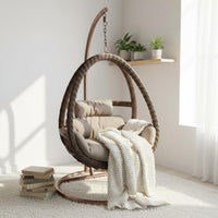 Hanging Oval Chair with Stand Indoor Outdoor Freestanding Wicker Swing Chair Leisure Furniture Weather Resistant for Living Room