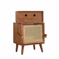 Rattan Drawer Front Robot-Shaped Side Table Space-Saving Design Multi-Compartment Side Cabinet space-efficient Size Nightstand adaptable Use for Children, Families, Homeowners, kid's Room, Playroom, Home Office, Entryway