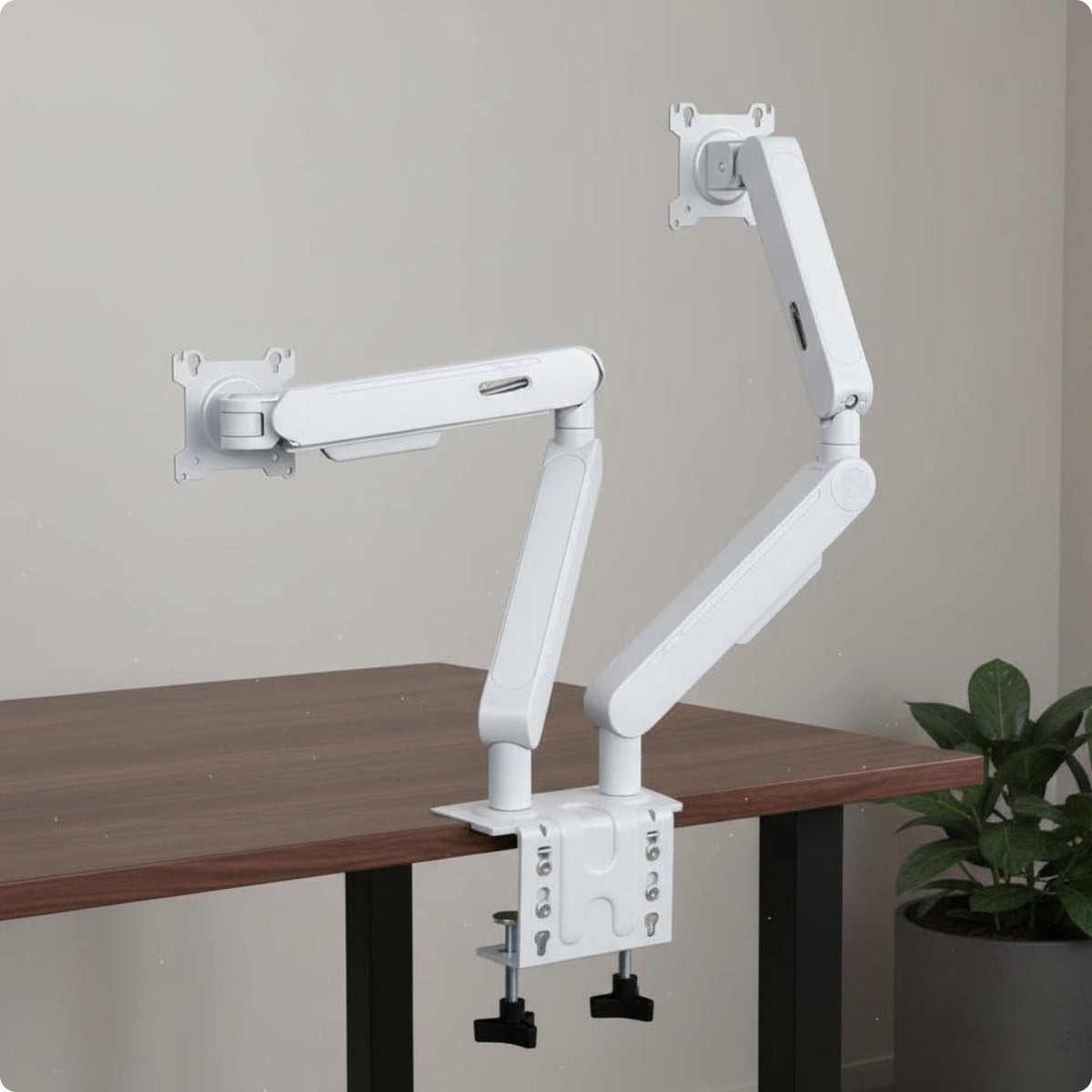 Ergonomic Design Two Monitor Arm Space Saving Adjustable Two Screen Mount Portrait and Landscape Rotation Gas Pneumatic Monitor Stand Easy Installation for Gaming Setup