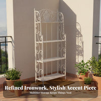 Foldable Tiered Plant Stand Multi-Functional 4-Tier Scrollwork Shelf Multipurpose Display Rack Space-Saving Design for Homeowners, Decor Enthusiasts, Decorators, Balcony, Indoor, Outdoor, Living Room