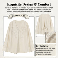 Long Sleeve Tops for Women with Embroidered Floral V-Neck Design, Linen Blend Blouse for Casual Everyday Wear and Going Out, Back Tie Detail