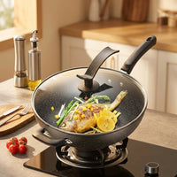 Stir Fry Induction Wok and Cooking Pan with Lid, Large Wok Pan for Family Cooking, Induction Hob Wok with Lid, Stone Frying Pan for Home Use