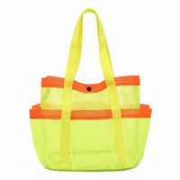 Side Pockets Mesh Tote Bag Snap Closure Mesh Beach Bag Long Handles Contrast Trim for Pool