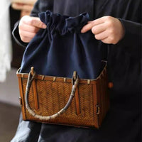 Bamboo Carry Box Artisanal Woven Handbag with Handle Handmade Bamboo Tote for Gift Presentation