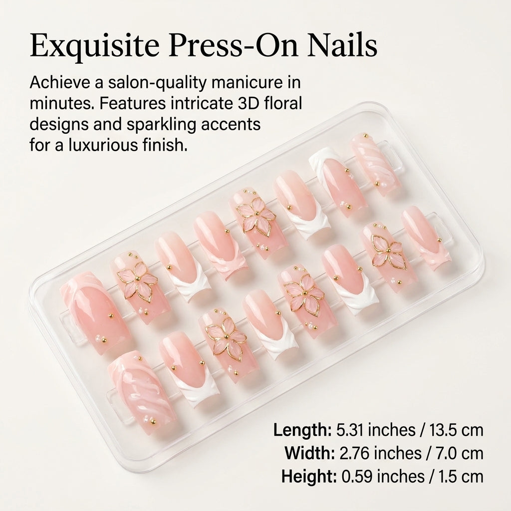 French Floral Rhinestone Nails with Glue, Reusable Artificial for Adults, False for Weddings Special Occasions