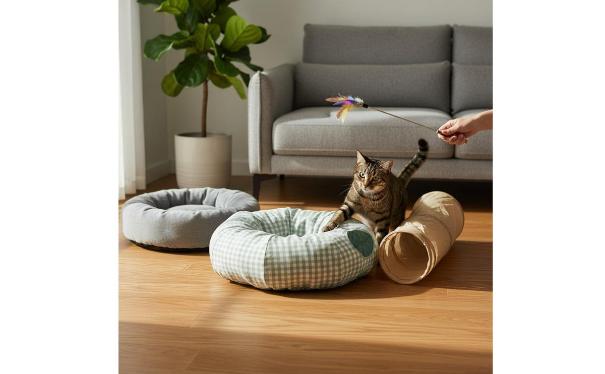 Built-in Toy Feline Tunnel Bed Soft Textile Collapsible Feline Play Tunnel Removable Cushion Pet Supplies for Cats, Kittens, Indoor