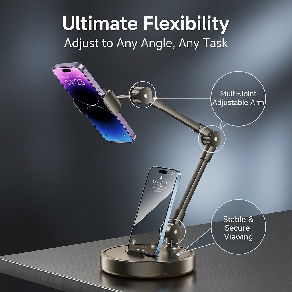 Heavy Duty Overhead Phone Mount, Adjustable Height Phone Stand Filming, Universal Compatibility Phone Holder for Video Calls, Desktop Filming Stand