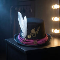 Brass Gear Accents Steampunk Top Hat Feather Plume Felt Top Hat Velvet Band Headwear Vintage-Inspired
