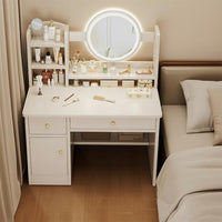 Minimalist Design Dressing Desk with Round Mirror Includes Matching Stool Vanity Set with Lighted Mirror Built-in Storage Makeup Table Rounded Corners for Women, Young Adults, Teenagers, Apartment