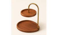 Wood-Grain 2 Tier Storage Rack Gold-Toned Two-Tier Storage Rack Curved Metal Tabletop Display Stand Raised Rim for Dresser, Entryway