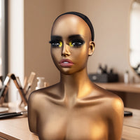 Realistic Mannequin Head with Shoulders Bald Mannequin Head with Shoulders Bronze Hairpiece Display Stand for Jewelers, Cosplayers