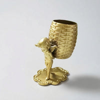 Decorative Brass Figurine with Basket Polished Brass Tabletop Ornament Small Sculpture Artisanal for Collectors, Art Lovers, Shelf, Desk, Tea Table