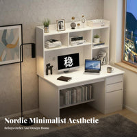 Minimalist Design Study Desk with Hutch Multiple Storage Options Workstation with Hutch and Drawers Spacious Desktop Writing Table Organized Compartments for Students, Teenagers, Telecommuting Workers, Bedroom