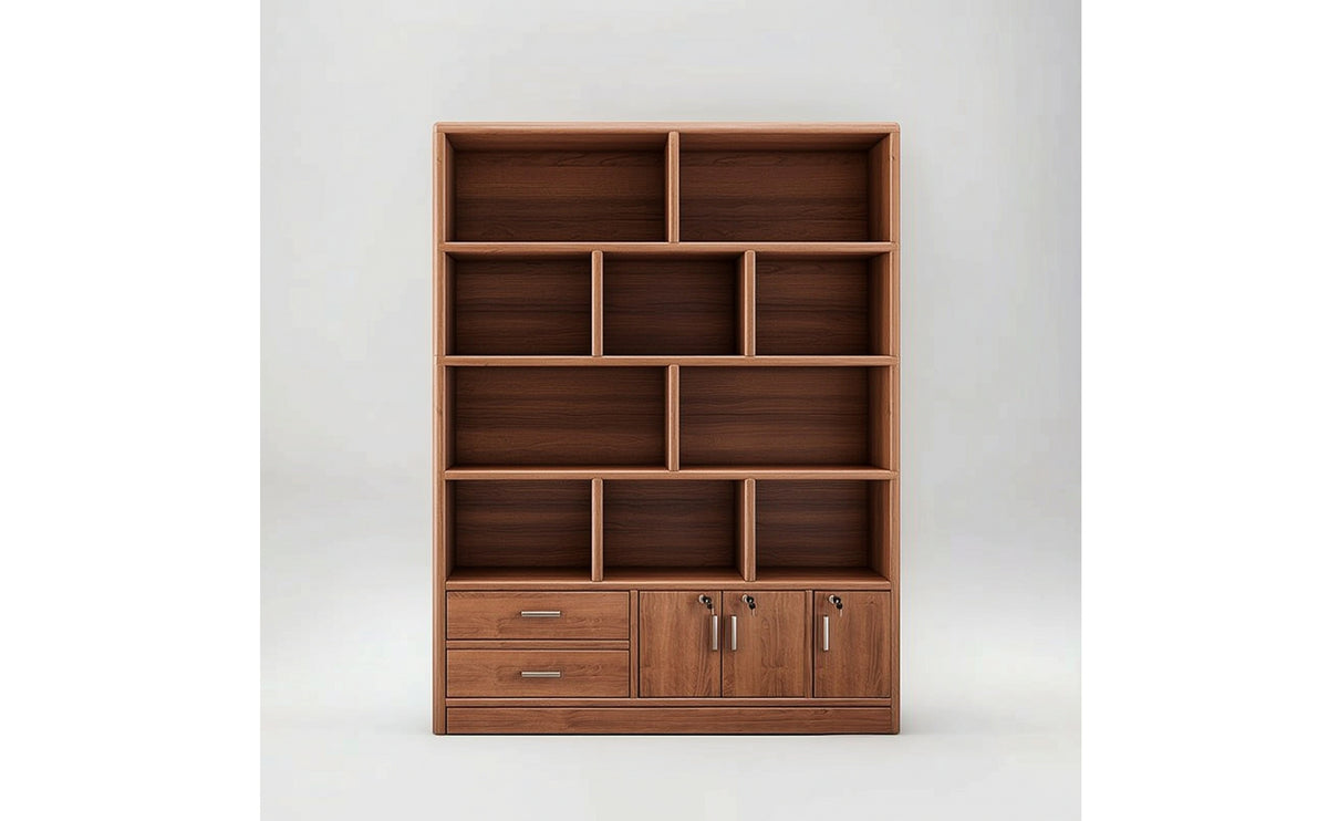Bookcase with Door and Drawer Solid Wood Wooden Bookcase with Doors Walnut Bookshelf with Cabinet for Study, Home Office, Living Room