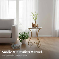 Nordic Aesthetic Round Tiered End Table Marble Pattern Top Tiered Circular Stand Light Luxury Design Household Furniture Single or Double Tier for Homeowners, Apartment Dwellers, Decor Enthusiasts, Living Room, Bedroom, Balcony, Small Areas