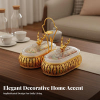 With Lid Luxury Fruit Platter Compartmentalized Decorative Snack Tray Set Hollow-out Metal Base Gold Trim Serving Bowl for Living Room, Coffee Table, Party, Wedding
