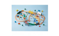 110 Pieces Great Gift 110 Piece Wooden Railway Set Beech Wood Material Wooden Train Track Set Creative Assembly City Scene Vehicle Playset for Boys, Kids, Toddlers, Floor Play, Playroom