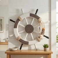 Rope-Wrapped Ship Wheel Wall Decor Artisanal Nautical Wall Hanging Vintage Look Decorative Ship Wheel Sturdy Craftsmanship for Indoor, Living Room, Bedroom
