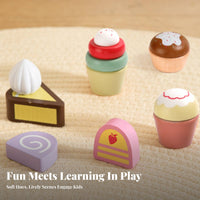 7 Pieces Ideal Gift Afternoon Tea Toy Set Encourages Creativity Pretend Play Cake Set Educational Wooden Dessert Stand Playset Develops Fine Movement Skills for Girls, Preschoolers, Toddlers