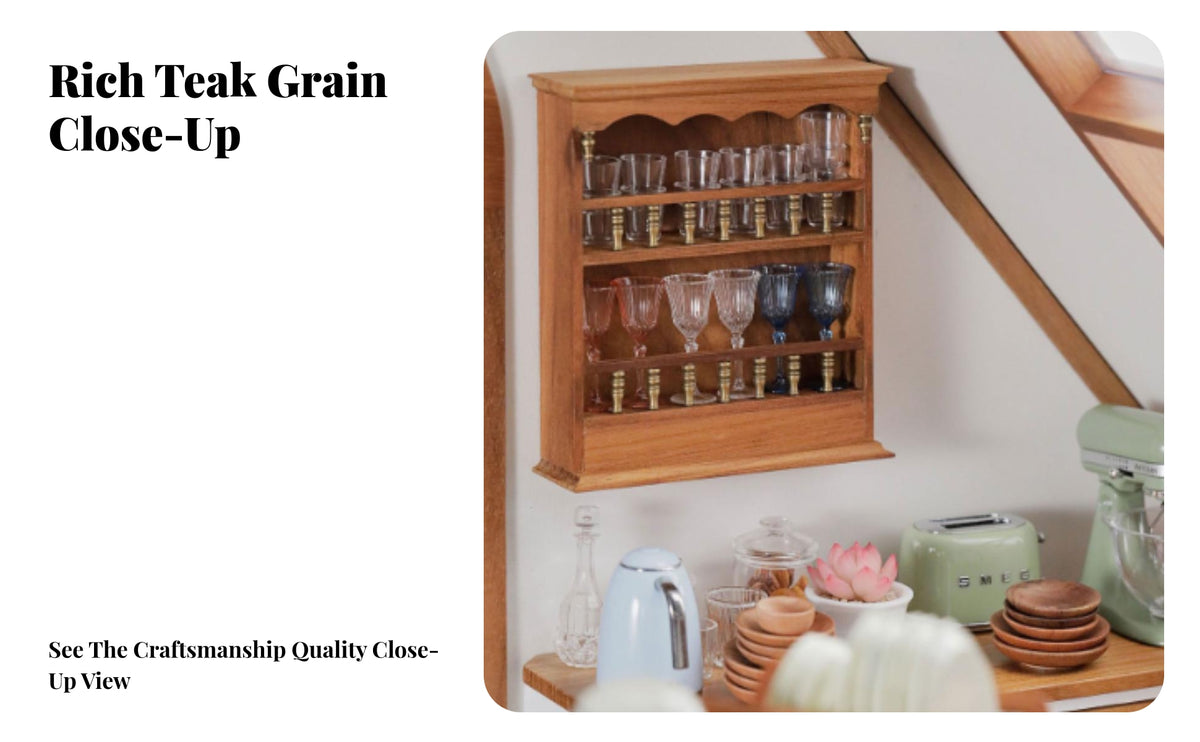 Wooden Miniature Wall Shelf | Traditional Molding, Two-Tier Open Front, Dollhouse Wall Cabinet, for Display Scenes