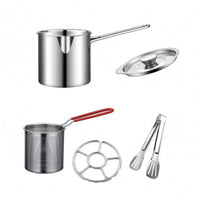 Polished Silver Stainless Steel Fryer Pot Long Handle Frying Pot Rolled Rim Cookware Pouring Notch