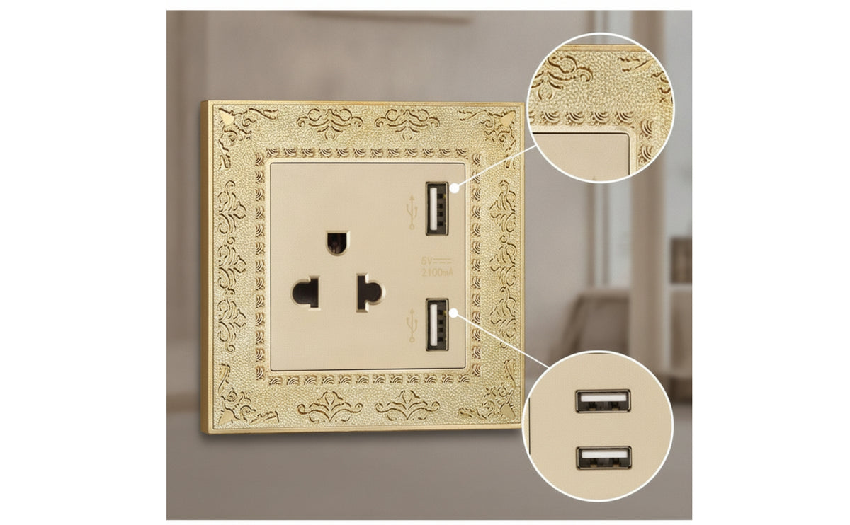 Ornate Wall Outlet with Decorative Frame Vintage Decorator Receptacle Gold-Toned Decorative Outlet Cover Retro for Interior Designers, Homeowners, Renovators, Living Room, Bedroom, Hotel