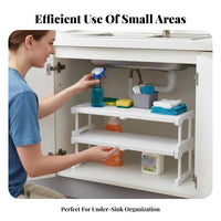 2-Tier Expandable Under-Sink Shelf Easy to Install Cabinet Organizer for Renters
